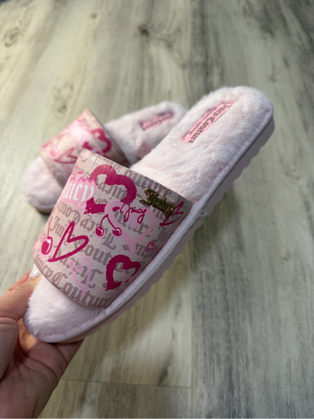 Juicy Couture Pink Fuzzy Cherry Logo Slide Slippers - Picture 2 of 2